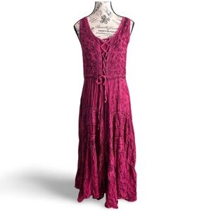 Vintage 90s Fairy Grunge Maxi Dress Raspberry Pink embroidered boho size medium